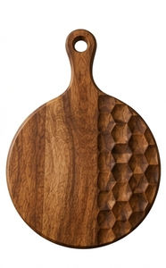 Tabla de cortar redonda de madera de mango con textura de panal tallada, tabla para pizza, tabla para servir pan y queso con orificio - Product Image 3