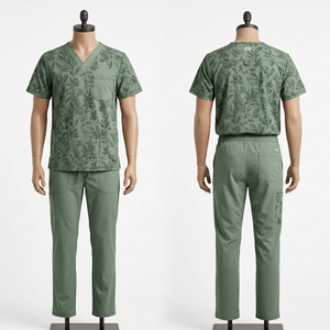 Ensemble de blouses médicales imprimées pour hommes en polyester-coton premium 180 GSM, haut à col en V imprimé feuilles vert sauge et pantalon uni, avec logo tissé personnalisé, tenue de travail - Product Image 1