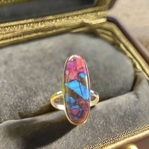 Anillo de Compromiso Bohemio Navajo Hecho a Mano en Plata de Ley 925 con Bisel de Turquesa Cobre y Dalia Naranja Natural, Nuevo - Product Image 2