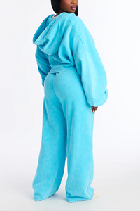 Conjunto de chándal para mujer con top corto con capucha y pantalones de corte holgado, con estampado Aqua Color y lavado ácido, hombros caídos, 100% algodón, forro polar y sudadera con capucha con cremallera - Product Image 2