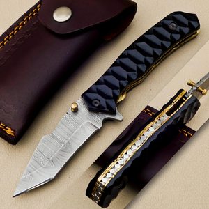 Cuchillo Plegable de Acero de Damasco Personalizado Nordic Forge |   Cuchillo Tanto Recto de 8 Pulgadas para Uso Diario (EDC) |   Funda de Cuero con Mango de Micarta Negra | - Product Image 1