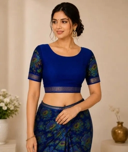 Sari Azul con Estampado Floral de Georgette para Mujer, Diseño KV, con Blusa Sin Coser - Product Image 4