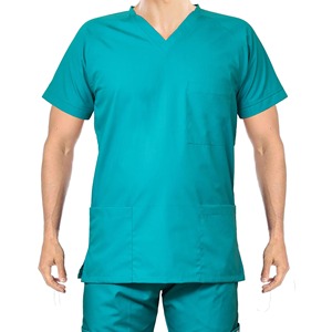Men's Teal V-Neck <b>Scrub</b> <b>Top</b> With Three Pockets Hospital Uniform Cotton Polyester Woven Fabric - Product Image 2