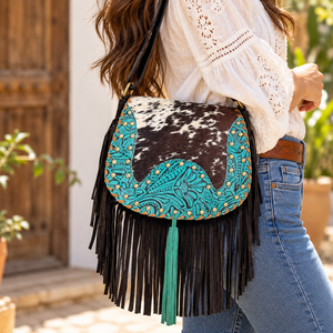 Women's Handbag Western Style Cowhide Leather Fringe Carving Turquoise Colored Border Handbag Sling <b>Bag</b> Bohemian Fringe <b>Bag</b> - Product Image 5