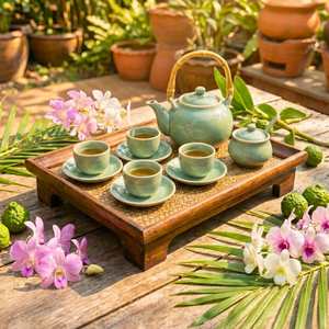 Bandeja de Servir Artesanal de Madera Dura con Base Elevada de Bambú Tejido para Té y Utensilios de Té, Cuadrada - Product Image 6