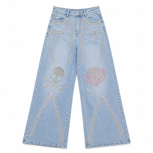 Jean en denim de coton taille haute à jambe large pour femme, orné de strass, crânes et roses, style vintage délavé, pantalon streetwear décontracté - Product Image 6