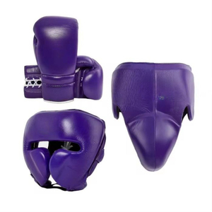 Metallic <b>Silver</b> Professional Boxing Set Leather Top Grain Cowhide Lace-Up <b>Gloves</b> Headgear Groin Guard-3-Piece Durable - Product Image 4
