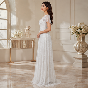 Women White Beaded Tulle Wedding Dress V Neck Short Sleeve A Line Bridal Gown Embellished Floor Length Elegant Ceremony Dress - Product Image 2