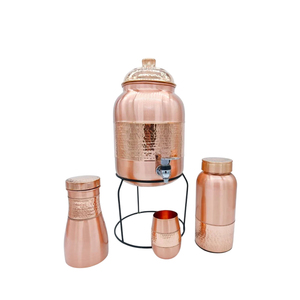 Premium Antique Hammered Design Pure <b>Copper</b> Water Dispenser Set Large Capacity <b>Copper</b> Matka Water Pot With Iron Stand & Glass - Product Image 2
