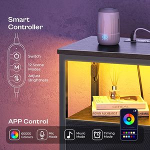 Comodino LED con Stazione di Ricarica, 2 Cassetti, Tavolino da Letto in Tessuto e Comodino con Ripiano Aperto - Product Image 4