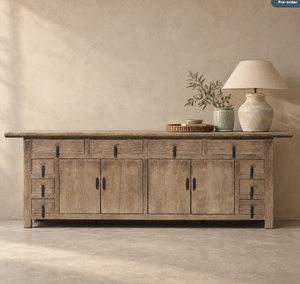 Reclaimed Elm Sideboard Ten Drawer Rustic Wooden Storage <b>Cabinet</b> Four Door Farmhouse Buffet Pale <b>Grey</b> Vintage Dining Furniture - Product Image 3