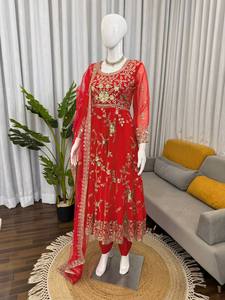 Conjunto de Salwar Anarkali Rojo Bordado con Dupatta y Revestimiento de Red, Vestido de Fiesta para Mujeres Indias y Pakistaníes - Product Image 4