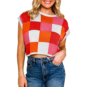 SAJZA Women's Casual Breathable Plaid Jacquard <b>Sleeveless</b> Short Crop <b>Tops</b> Summer Thin Color Block <b>Knit</b> Shirt Washable - Product Image 4