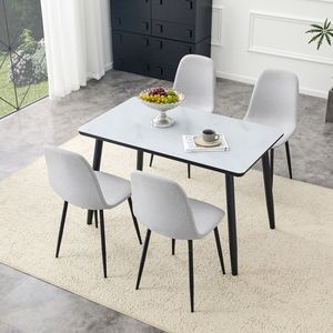 Tavolo da Pranzo Moderno Bianco con Texture Effetto Marmo, Piano in Vetro, Base Inferiore in MDF Nero, Gambe in Metallo Nero, Set Tavolo e Sedie per Ristoranti - Product Image 2