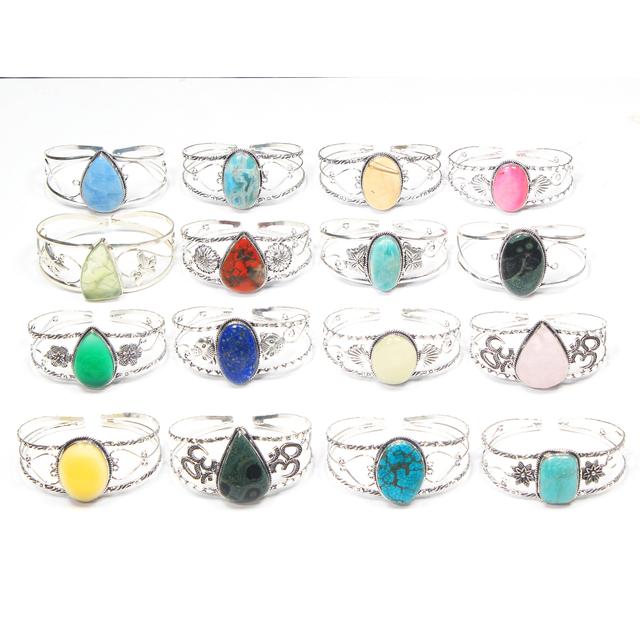 Natural Assorted Crystal Stone Brass Adjustable Cuff Bangles For Women Unique Trending Multi Gemstone Mix Shape Chunky Bracelet