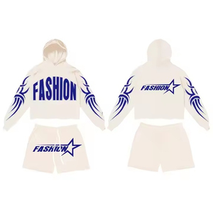 ราคาขายส่ง ชุดเซ็ตเสื้อฮู้ดดี้และกางเกงขาสั้นลำลองผู้ชาย ผ้าฝ้าย 100% พิมพ์ลายและสีพื้น สำหรับฤดูหนาว - Product Image 4
