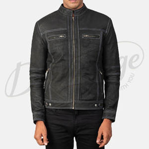 Blouson de motard en cuir noir premium pour homme, en véritable peau de mouton, coupe ajustée, surpiqûres contrastées, col montant, style motard - Product Image 3