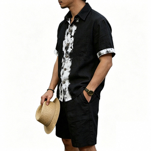 Ensemble chemise et short en lin bleu clair pour homme, tenue décontractée d'été, coton tissé respirant, ensemble deux pièces - Product Image 3