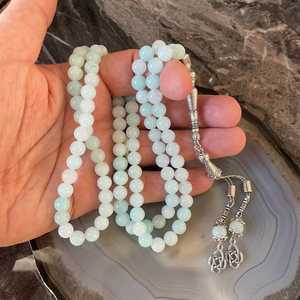 Chapelet de prière en jade vert menthe fait main, Misbaha islamique avec pompon argenté, cadeau musulman pour le Ramadan et l'Aïd, perles de prière rondes - Product Image 5