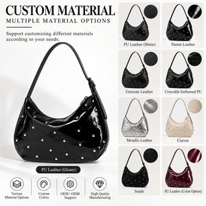 Glossy Black Stone Pattern Fashion Rivet PU Leather Shoulder <b>Bag</b> with Water Resistant Zipper for Outdoor Shopping & Daily Travel - Product Image 3