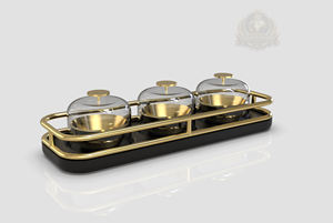 Ensemble de service de luxe à 3 bols avec couvercle, ensemble de bols à collation en verre avec dôme, plateau de service noir et or, design israélien, condimentaire haut de gamme - Product Image 3