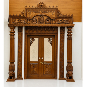 Puerta de Madera de Teca Estilo del Sur de la India para Sala de Pooja con Pilares de Elefante, Diseño Tradicional Profesional - Product Image 1
