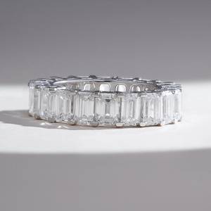 White Gold <b>Emerald</b> Cut Lab Grown Diamond Full Eternity Band with Baguette Cut Side Stones <b>Silver</b> Plated Luxury Women's <b>Ring</b> - Product Image 2