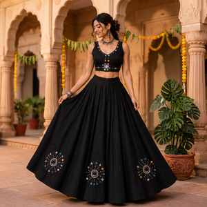 Women's Black Embroidered <b>Lehenga</b> Set With Crop <b>Top</b> For Traditional Indian Style For Navratri Wear - Product Image 1