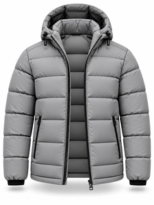Men's Gray Hooded Puffer <b>Jacket</b> Winter Warm Windproof <b>Casual</b> Zipper Front Solid Color Polyester Wadding Thick Regular Fit - Product Image 4