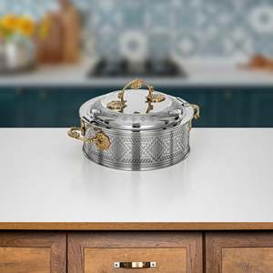 Arabic Engraved Enamel Coated Stainless Steel Insulated Casserole Hotpot Serving Dish Gold Handles 33cm Diameter Dishwasher Safe - Product Image 1