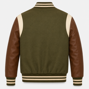 Veste de baseball pour homme de style universitaire décontracté, couleur vert olive, avec manches en cuir marron et bordures crème - Product Image 2