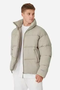 Men's Beige Puffer <b>Jacket</b> Stand Collar Zipper Closure Windproof Thick Insulated Casual <b>Winter</b> Wear Solid Color Regular Fit - Product Image 3