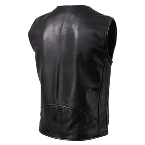 Chaleco de cuero genuino para hombre, estilo motociclista, negro, con cremallera, cuello en V, sin mangas. - Product Image 3
