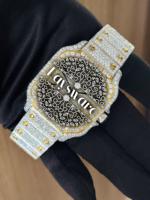 Montre mécanique de luxe en or rose, style vintage antique, avec breloque sport, entièrement sertie de moissanite et de diamants, cadran en verre, en acier inoxydable