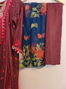 2021 Hot Selling Indian Pakistani Maroon Embroidered Shalwar Kameez Viscose Silk Rayon Lawn <b>Dress</b> - Product Image 4