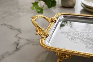 Plateau de service antique en laiton avec poignées, plateau à thé et à café argenté avec pieds, style ottoman, décoration de luxe pour la maison, cadeaux - Product Image 5