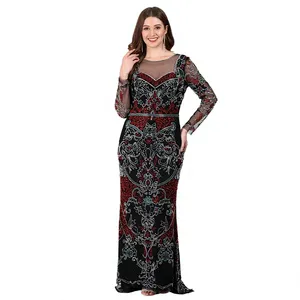 Robe de soirée longue de luxe à manches longues, élégante, avec encolure en maille, richement ornée de perles et de sequins, robe longue vintage brodée pour bal et soirée - Product Image 4
