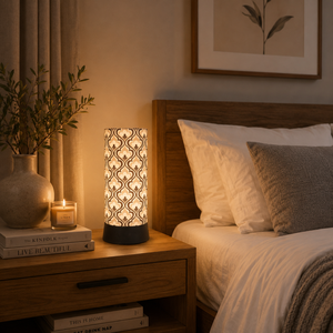 Elegant Floral Printed Linen Table Lamp | Modern Bedside <b>Night</b> <b>Light</b> | Decorative Living Room Desk Lamp | Warm Ambient LED - Product Image 4