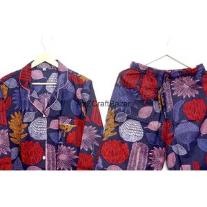 Conjunto de Pijama para Mujer, Estampado a Mano, 100% Algodón, Secado Rápido, Cuello en V, Manga Larga, Diseño Tradicional, Verano - Product Image 6