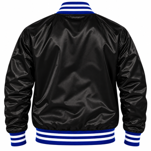 Chaqueta Bomber Negra de Satén para Hombre Phi Beta Sigma 1914 con Letras Griegas Bordadas y Cierre de un Solo Botón, Cuello Alto Acanalado Azul y Blanco - Product Image 4