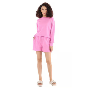Conjunto de Ropa de Casa de Punto Rosa para Mujer, Sudadera de Cuello Redondo y Manga Larga con Pantalones Cortos, Algodón Suave, Ropa de Verano - Product Image 1