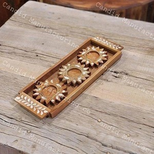 Wooden Coaster Ramadan Eid Natural Wooden <b>Tray</b> with <b>Candle</b> Holder MOP Inlaid Sun Shaped Handmade Wholesale - Product Image 5