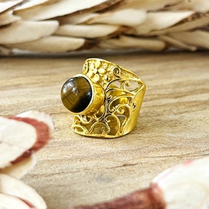 New Arrival Vintage Tiger Eye <b>Ring</b> Boho Brass Band Women 18k Gold Plated Filigree Wide Cigar <b>Statement</b> <b>Ring</b> for Wholesale/OEM - Product Image 3