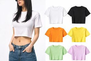 Top Corto de Mujer, Estilo Dulce, Tejido Sólido de 220 g/m², Transpirable, Ajustado, de Manga Corta, de Algodón y Elastano, para Verano - Product Image 5