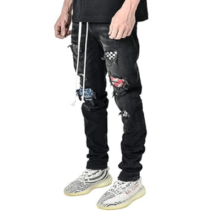 Jeans déchirés noirs personnalisés pour hommes, coupe skinny, denim usé, pour streetwear, tenue décontractée et mode à marque privée - Product Image 3