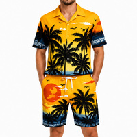 Conjunto de Ropa de Playa Tropical Casual para Hombre, 100% Poliéster, Estampado de Palmeras al Atardecer, Camisa Hawaiana Transpirable y Pantalones Cortos