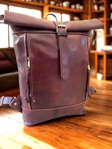 Grey Genuine Leather <b>Backpack</b> with Brown Leather Roll Top <b>Backpack</b> Bags Strap Buckle Business Casual Design Compartment <b>Backpack</b> - Product Image 4