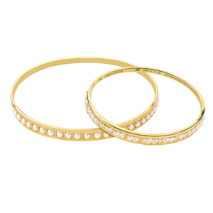 2 Pcs White Gold Plated Brass Bangles with Diamond and Pearl Accents - Product Image 1