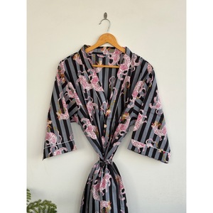Printed <b>Animal</b> <b>Pattern</b> Breathable V-neck Belt Kimono Robe Maxi Length Loose Fit Long Sleeve 100% Cotton 300g <b>Knitted</b> Cover-Up - Product Image 5