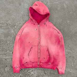 Sudadera con capucha de invierno de alta calidad, estilo urbano, forro polar, corte holgado, con cremallera, vintage, doble capa, teñido liso, transpirable, desgastado, unisex, 100% algodón - Product Image 1